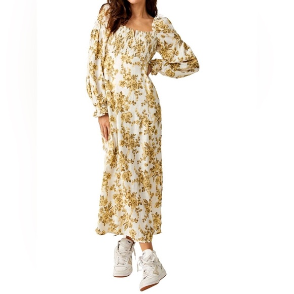 Free People Jaymes Midi Dress Pastry Cream Size XS Boho Milkmaid Smocked Floral - Picture 3 of 16